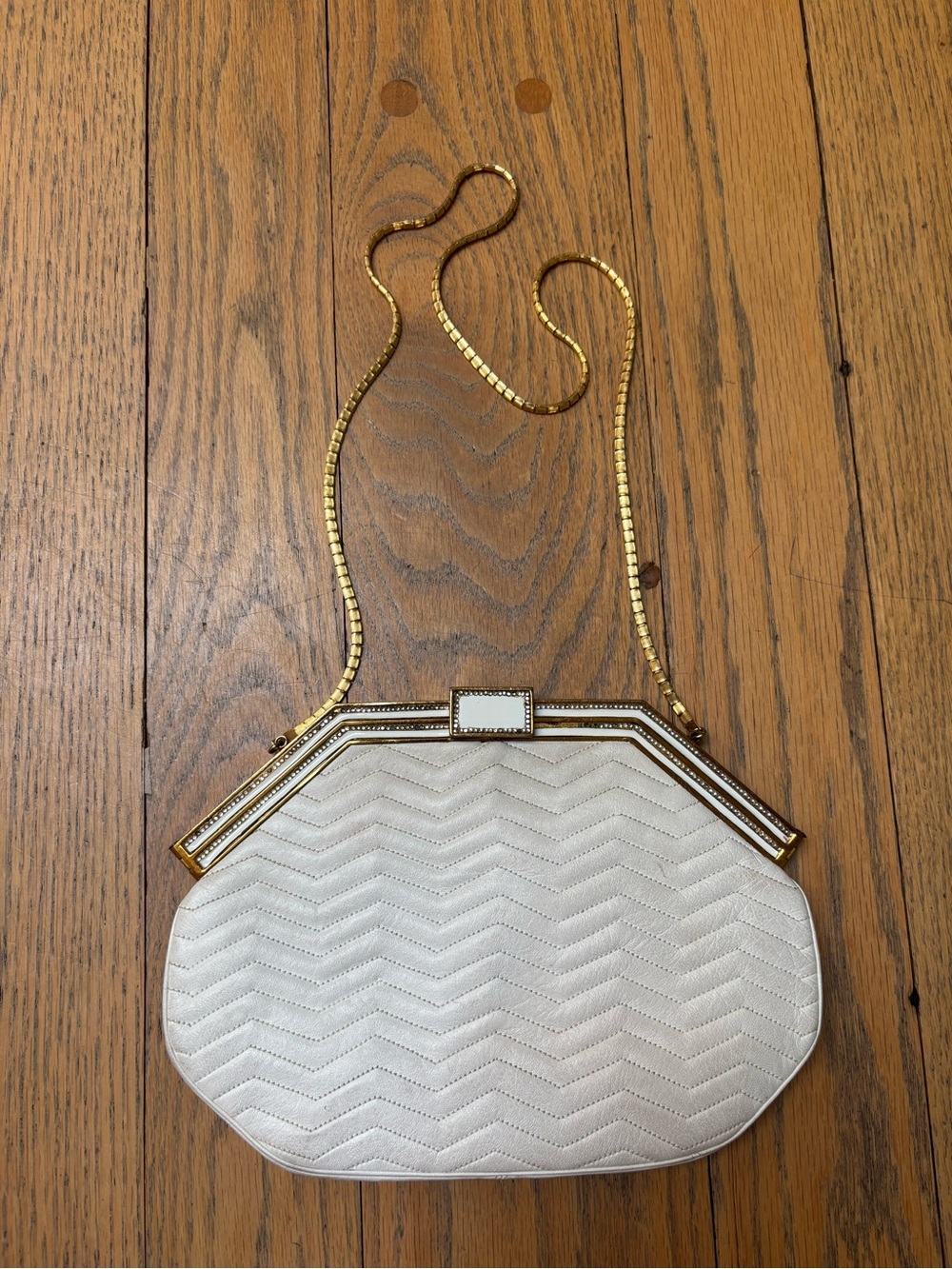 Vintage Judith Leiber White Chevron Quilted Shoulder Bag with Gold Chain